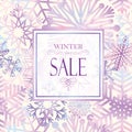 Winter shopping sale banner with lettering. Snow frame background. Holiday sale with snowflakes over white background