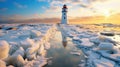 Winter on shore of the Baltic Sea. Lighthouse in ice. Generative Ai
