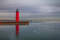 Winter Shoreline in Kenosha with red Pierhead Lighthouse