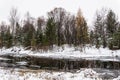 Winter Siberian landscape. The river does not freeze in winter. Royalty Free Stock Photo