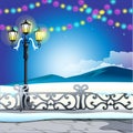 Winter sketch on the background of snowy hills and vintage street lamp with colorful garlands. Sample of Christmas and