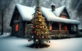 Winter ski chalet and cabin in snow mountain.  Christmas tree.  Generative Al Illustration Royalty Free Stock Photo