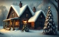 Winter ski chalet and cabin in snow mountain.  Christmas tree.  Generative Al Illustration Royalty Free Stock Photo