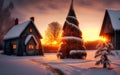 Winter ski chalet and cabin in snow mountain.  Christmas tree.  Generative Al Illustration Royalty Free Stock Photo