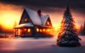 Winter ski chalet and cabin in snow mountain.  Christmas tree.  Generative Al Illustration Royalty Free Stock Photo