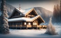 Winter ski chalet and cabin in snow mountain. Generative Al Illustration Royalty Free Stock Photo