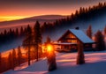 Winter ski chalet in snow mountain. Generative Al Illustration Royalty Free Stock Photo