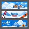 Winter ski resort banners. Beautiful landscape with alpine chalet houses, snowboard, snowy mountains and fir forest