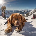 Winter ski resort. Brown big dog lies on the snow on a sunny day