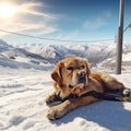 Winter ski resort. Brown big dog lies on the snow on a sunny day