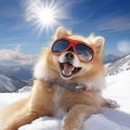 Winter ski resort. Dog fluffy funny spitz lies on the snow on a sunny day