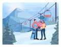 Winter ski resort, family with a kid in front of a cableway. Ski