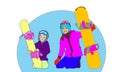 Winter ski resort, family with a kid. illustration