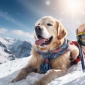 Winter ski resort. The golden retriever dog lies on the snow on a sunny day.