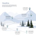 Winter ski resort, route infographic. Layers of mountain landscape with fir forest.