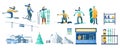 Winter ski resort set, vector isolated illustration. Skier, snowboarder, equipment for rent, cable car, mountain slope. Royalty Free Stock Photo