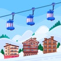 Winter ski resort vector illustration. Wooden hotels houses, snow mountains landscape and funicular cabins.