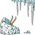 Winter skis in snowdrift. Design set with icicles