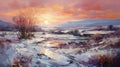 Paul Nicholson Winter Landscape Painting In Light Magenta And Orange Royalty Free Stock Photo