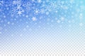 Winter sky with pattern of falling snowflakes on transparent texture. Blue frozen background with white icy crystals and flecks Royalty Free Stock Photo