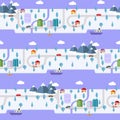 Winter small town on the island. Seamless pattern