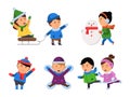 Winter smile characters. Kids snow clothes boys girls christmas party children playing vector illustrations isolated Royalty Free Stock Photo