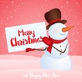 Winter smiling snowman with banner in hands on snowdrift background. Merry Christmas and Happy New Year. Royalty Free Stock Photo