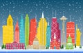 Winter Snow in America City Cityscape Skyline Landmark Building Illustration