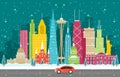 Winter Snow in America City Cityscape Skyline Landmark Building Illustration