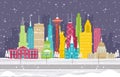 Winter Snow in America City Cityscape Skyline Landmark Building Illustration
