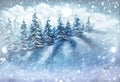 Winter snow background. Blurred snowflakes on Original oil painting - Christmas