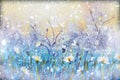Winter snow background. Blurred snowflakes on Original oil painting - Christmas