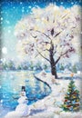 Winter snow background. Blurred snowflakes on Original oil painting - Christmas Royalty Free Stock Photo