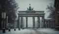 Winter snow blankets famous monument, majestic horse statue generated by AI
