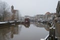 Winter snow on city canal Zwolle