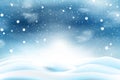 Winter snow. Cold weather. Holiday empty landscape. Blue and white falling snowflakes in sky. Merry Xmas light ice Royalty Free Stock Photo