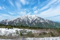 Winter snow covered mountain peaks in Northern Japan Alps Royalty Free Stock Photo