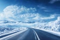 a winter snow covered road, beautiful landscape, winter forest and mountains, concept of travel and traffic safety on a Royalty Free Stock Photo