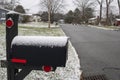 Winter snow-covered suburban street-side black and red mailbox -no mail