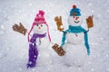 Winter snow decorating. Snowman couple enjoying intimacy. Funny Laughing Surprised snowman Portrait. Winter Love story