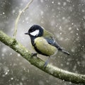 Winter snow falling, Great Tit Parus major Royalty Free Stock Photo