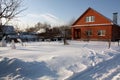 Winter snow farm house landscape. Winter path in snowy village. Winter snow village. Winter snow path village Royalty Free Stock Photo