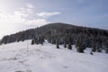 Mountain Velky Rozsutec in Male Fatra in winter and in high winds flying snow from the top