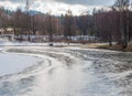 Winter snow frost frozen lake water forest landscape Royalty Free Stock Photo