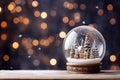 Winter Snow Globe with Festive Christmas Village. Sparkling Snowflakes, Warm Dark Bokeh Lights. AI Generative Royalty Free Stock Photo