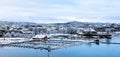 Kristiansand, Norway - January 17, 2018: Winter and snow on an empty marina waiting for the tourist and boating season