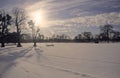 Winter snow landscape with evening sunset