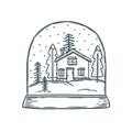 Winter Snow Landscape with House Stars and Trees In Sphere Handy Dreamy BW Winter Countryside Winter Scenery Brand Royalty Free Stock Photo