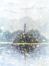 Winter snow landscape with snowflakes Painting Lake Bled Slovenia. Beautiful mountain lake with small Pilgrimage Church. Royalty Free Stock Photo