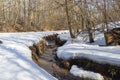 After the Winter Snow is Melting, the Flow of Water in Wooded Area. spring. a stream in the forest. thawing areas. Little creek